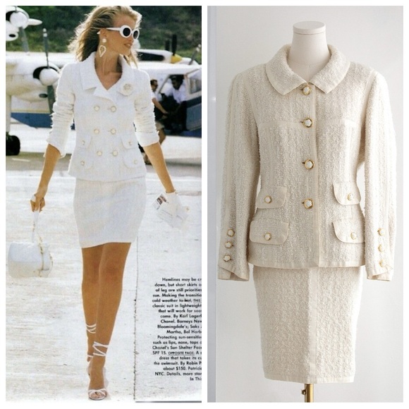 CHANEL Jackets & Blazers - Chanel Vintage Cruise 1992 White Tweed Gold Camellia Flower Buttons Jacket Suit